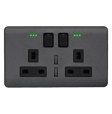 SCINTILLA 13Amp. Twin Switched Socket Outlet with Indicator + 4.2Amp. Type-A USB B/Matte with GM/Matte Surround