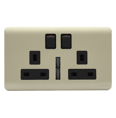 SCINTILLA 13Amp. Twin Multi Switched Socket Outlet with Indicator + 4.2Amp. Twin USB B/Matte with Gld/Matte Surround
