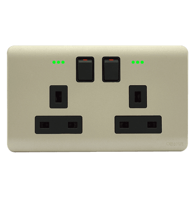 SCINTILLA 13Amp. Twin Switched Socket Outlet with Indicator B/Matte with Gld/Matte Surround