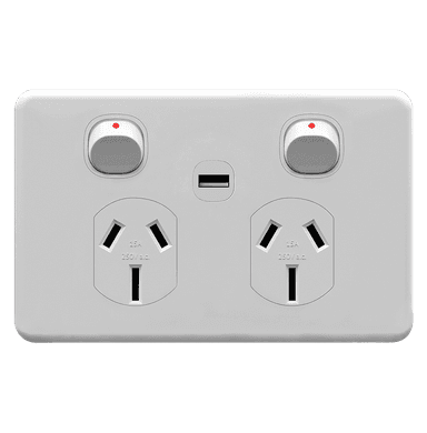 ENIGMA 15Amp. 250V a.c. 2Gang Horizontal Power point with 2.1Amp. USB Classic White (Australian Standard)